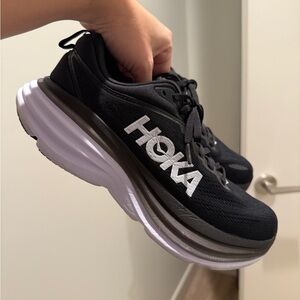 Hoka Black and White Bondi 8 Sneakers